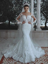 White Mermaid Wedding Dress Long Sleeves V Neck Lace Bridal Gowns-WD80 for sale  Shipping to South Africa