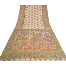 Sanskriti Vintage Sarees Cream Handmade Kalamkari Print Pure Cotton Sari Fabric for sale  Shipping to South Africa