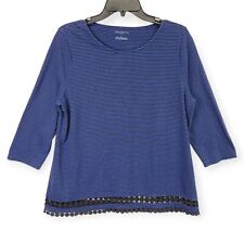 Talbots Pullover Knit Top Size L Blue Black Stripe Crochet Lace Trim 3/4 Sleeve for sale  Shipping to South Africa