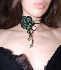 Crochet Rose choker in green and black sparkle, Christmas Halloween necklace for sale  Shipping to South Africa