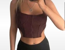 MISSGUIDED × CARLI BYBEL choc brown rib vest zip corset bodice v-cut crop top 8 for sale  Shipping to South Africa