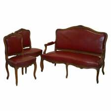 OXBLOOD LEATHER FRENCH LOUIS XV STYLE SALON SUITE WALNUT ARMCHAIRS & SOFA SETTEE for sale  Shipping to South Africa