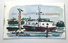 House Boat By Dock Noel Skiba Miniature Miniature Watercolor Painting 2x4” Art for sale  Shipping to South Africa