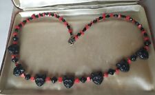 Vintage necklace carved black onyx cat face beads, red coral, artisan for sale  Shipping to Canada