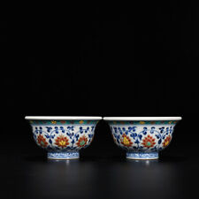 Par de marcas de porcelana xuande de 3,9" dinastía antigua azul blanco wucai flores plantas taza segunda mano  Embacar hacia Argentina