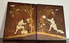 Antique Japanese Pair Shibayama Inlaid Wood Panels. MoP, Gold & Bone. Meiji, used for sale  Shipping to South Africa