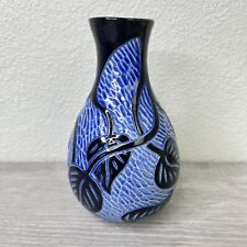 Used, Artist Signed LH Etched Ivy Pothos Leaves Blue & White Pottery Vase 6.5” for sale  Shipping to South Africa