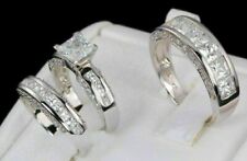Juego de 3 quilates de anillos de trío de diamantes creados en laboratorio por princesas enchapados en oro blanco 14 K segunda mano  Embacar hacia Mexico