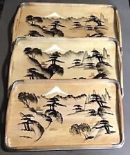Vintage Japanese Hand Painted Wooden 3 Serving Tea Trays Metal Corners for sale  Shipping to South Africa