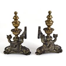 Pair of Antique French Brass Dolphin Andirons Firedogs for sale  Shipping to South Africa