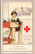 Póster postal artística de la Cruz Roja Bélgica de 1925 por Maggie Salzedo Boy en el escritorio de la escuela, usado segunda mano  Embacar hacia Argentina
