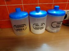 Tea Coffee Sugar kitchen Tee Koffie Suiker Storage Canisters - Blue Lids Plastic for sale  Shipping to South Africa