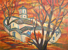 Vintage expressionist oil painting landscape monastery for sale  Shipping to South Africa