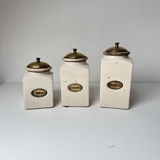 Used, Country Kitchen Stoneware Ceramic Tea Coffee Sugar Canisters Jars Brass Lids for sale  Shipping to South Africa