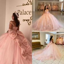 Pink Quinceanera Dresses Lace Up Appliques Off Shoulder Bow Ball Gown Sweet 16, used for sale  Shipping to South Africa