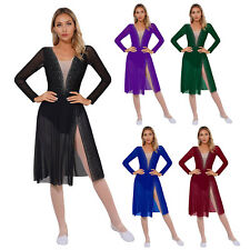 Womens Leotard Dance Dress Samba Rumba Dancewear Shiny Costume Long Sleeve Mesh for sale  Shipping to South Africa