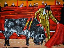 LUIS MIGUEL VALDES Cuban Artist Original Painting Canvas Signed Bullfight P2203 til salgs  Frakt til Norway