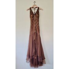 Sue Wong Gown Women's 6 Brown Silk Fit & Flare Halter Maxi Sequin Fishtail Y2K, used for sale  Shipping to South Africa
