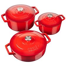 Used, 3 Piece Cast Iron Casserole Dish Set Cooking Pot Hob Oven 20cm/26 cm/28 cm  Red for sale  Shipping to South Africa