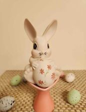 Vtg white Ceramic Easter bunny rabbit with flowered egg for sale  Shipping to South Africa