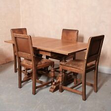 Antigua mesa de comedor de roble y 4 sillas de cuero refectorio campo tallado segunda mano  Embacar hacia Mexico