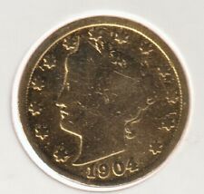 Placa de oro de 24 K de níquel de 120 años 1904 Barber Liberty V de níquel colección de monedas de EE. UU. rara de 120 años segunda mano  Embacar hacia Argentina