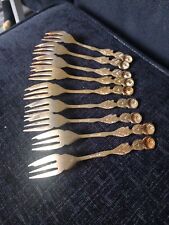 9 X Vintage Gold Plated Cake Cocktail Forks Floral  Rose Design Unknown Make  for sale  Shipping to South Africa