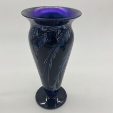 Signed Rick Strini Studio Art Glass Blue Purple & Metallic Feather Vase for sale  Shipping to South Africa