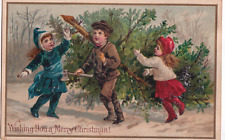 1800s Victorian Christmas Card -Children Cutting Down Christmas Tree for sale  Shipping to South Africa