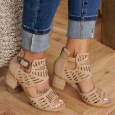 Sandalias de mujer talla Peep con hebilla de cuero sintético hueco tacones de bloque medio zapatos segunda mano  Embacar hacia Argentina