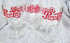 Vintage Pepsi Cola Clear Glass Red Print Thumbprint  Footed Goblet 6" Set Of 3 for sale  Shipping to South Africa