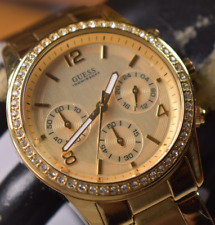 Relógio cronógrafo feminino Guess tom dourado aço inoxidável com cristal BATERIA NOVA comprar usado  Enviando para Brazil