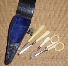 Vintage Leather Vanity Case with 4 Manicure Tools Celluloid French Ivory Handles for sale  Shipping to South Africa
