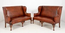 Pair Queen Anne Settee Sofa Leather Arm Chairs for sale  Shipping to South Africa