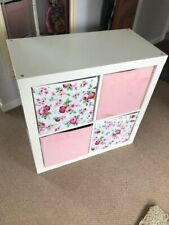 IKEA Kallax storage unit white with pink and floral cube storage containers, used for sale  YORK