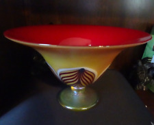 2000 Signed Rick Strini Studio Art Glass Red Golden Pulled Feather Compote 9.15" for sale  Shipping to South Africa