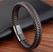 Men Women Boy 12mm Black and Brown Braided Genuine Leather Bracelet Bangle 6-9" for sale  Shipping to South Africa
