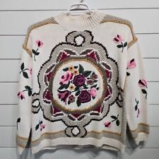 Vtg Flower Rose Thick Hand Knit Cotton Floral Artist Woven Sweater Womens Small for sale  Shipping to South Africa