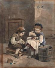 Antico dipinto ad Acquerello-due bambini seduti con Bambola - 19th Secolo usato  Spedire a Italy