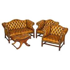 ANTIQUE RESTORED BROWN LEATHER CHESTERFIELD LIBRARY ARMCHAIRS SOFA STOOL SUITE, used for sale  Shipping to South Africa
