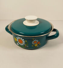 Vintage Teal Enamel Lidded Casserole Oven Dish w/ Flower Power Design Serves 1-2, used for sale  Shipping to South Africa