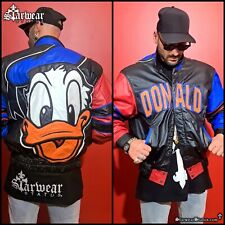 🔥OOAK 90s VINTAGE DONALD DUCK DISNEY LEATHER RACING STRIPED COLORFUL JACKET XL for sale  Shipping to South Africa