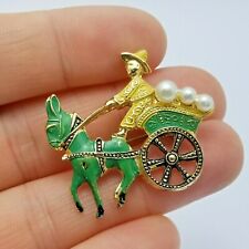 Vintage Costume Jewellery Enamel & Faux Pearl Donkey & Cart Brooch for sale  Shipping to South Africa