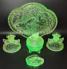Vintage Sowerby Uranium Glass Butterfly Art Deco 1930's Dressing Table Set for sale  Shipping to South Africa