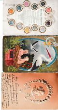 Cartões postais antigos lembrança de aniversário em relevo, perfil de mulher, bebê e cegonhas, usado comprar usado  Enviando para Brazil
