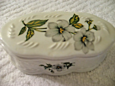 Vintage porcelain 4.5" White Dogwood Flowers Oval Trinket Box w/Lid Unmarked for sale  Shipping to South Africa
