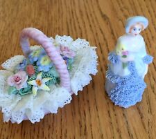 Irish Dresden, 2 Pcs, Lace Figurine, Basket, Ireland, Applied Flowers, Netting for sale  Shipping to Canada