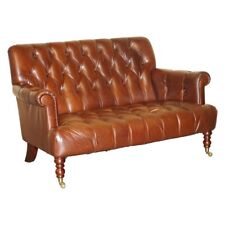 FINE CHESTNUT BROWN LEATHER LAUREN ASHLEY CHESTERFIELD TWO SEAT LIBRARY SOFA, used for sale  Shipping to South Africa