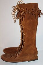 Men's~MINNETONKA MOCASSINS~Tall~BROWN~Suede LEATHER~Boots~FRINGE~Lace Up~Size 11 for sale  Shipping to South Africa