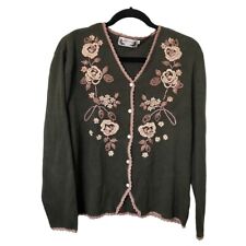 Episcia Ribbed Embroidered Floral Brown Neutral Tan V-neck Cardigan for sale  Shipping to South Africa